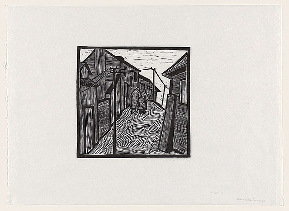 Artist: b'Groblicka, Lidia.' | Title: b'Small town' | Date: 1957 | Technique: b'woodcut, printed in black ink, from one block'