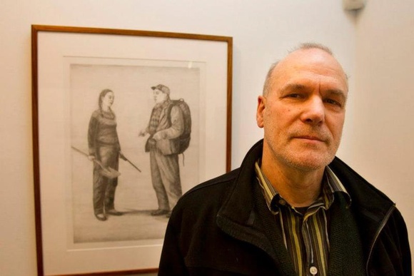 Artist: b'Drendel, Graeme.' | Title: b'Artist printmaker Graeme Drendel, in front of one of his etchings, Mornington Peninsular Regional Gallery, Victoria.'