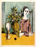 Artist: b'Hood, Kenneth.' | Title: b'(Girl with still life on table)' | Date: (1950s) | Technique: b'lithograph, printed in colour, from four plates'