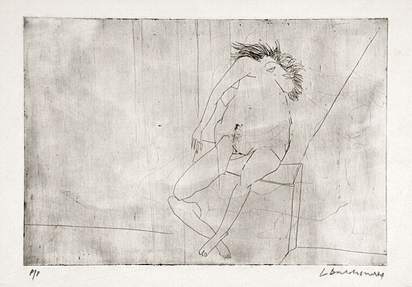 Artist: b'BALDESSIN, George' | Title: b'(Seated nude female figure).' | Date: 1964 | Technique: b'etching, printed in black ink, from one plate'