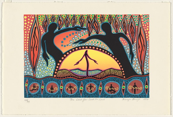 Artist: b'Bancroft, Bronwyn.' | Title: b'This land, your land, our land.' | Date: 1994 | Technique: b'screenprint, printed in colour, from multiple screens' | Copyright: b'\xc2\xa9 Bronwyn Bancroft. Licensed  by VISCOPY, Australia'