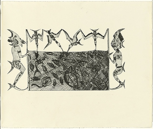 Title: b'Not titled [two figures with fishing net]' | Technique: b'etching, printed in black ink, from shaped plate'