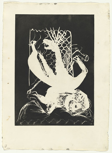 Artist: b'BOYD, Arthur' | Title: b'(Caged unicorn).' | Date: 1973-74 | Technique: b'aquatint, printed in black ink, from one plate' | Copyright: b'Reproduced with permission of Bundanon Trust'