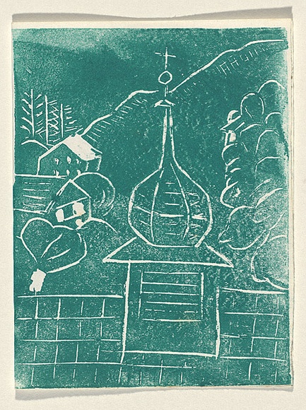 Title: b'Card: [church in landscape]' | Technique: b'linocut, printed in green ink, from one block'