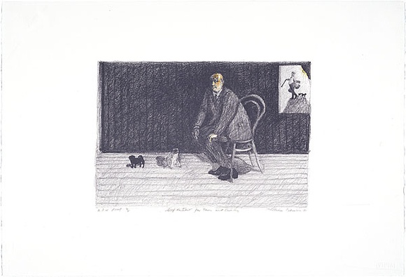 Artist: b'Robinson, William.' | Title: b'Self-portrait for town and country [1]' | Date: 1991, 13-25 May | Technique: b'lithograph, printed in blue/black ink, from one stone; hand-coloured'