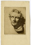 Artist: Farmer, John. | Title: (Cast of a Roman head). | Date: (1950s) | Technique: etching, printed in brown ink with plate-tone, from one plate