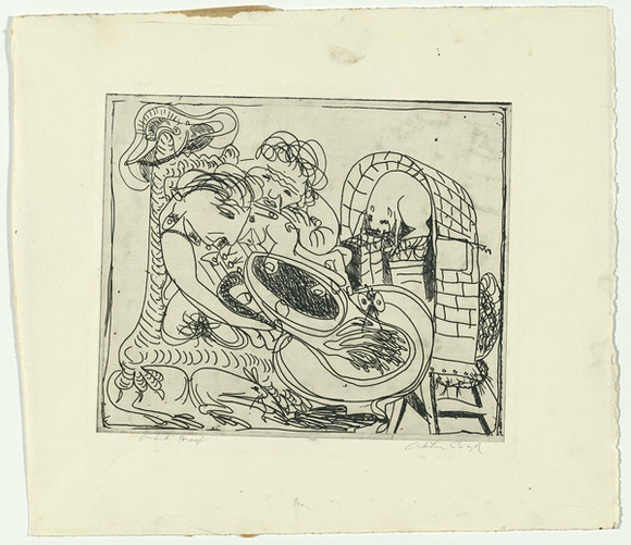 Artist: b'BOYD, Arthur' | Title: b'Potter, wife and cat in kiln.' | Date: (1968-69) | Technique: b'etching, printed in black ink, from one plate' | Copyright: b'Reproduced with permission of Bundanon Trust'