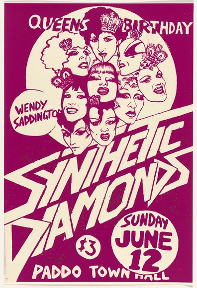 Artist: b'UNKNOWN' | Title: bQueen's Birthday. Synthetic Diamonds...Paddo Town Hall. | Date: 1977 | Technique: b'screenprint, printed in purple ink, from one stencil'