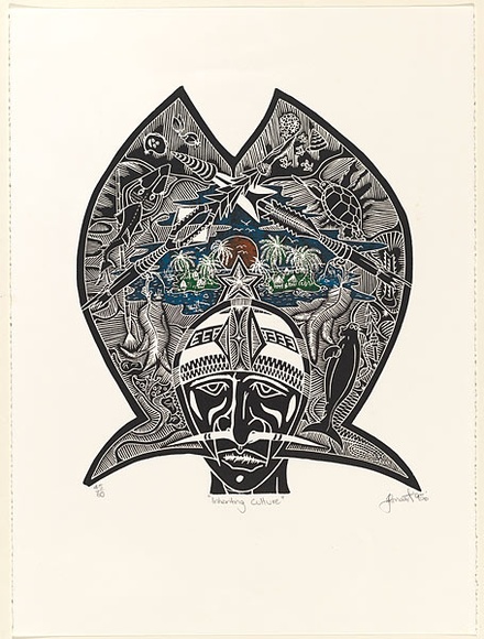 Title: b'Inheriting culture.' | Date: 1995 | Technique: b'linocut, printed in black ink, from one block; hand-coloured'