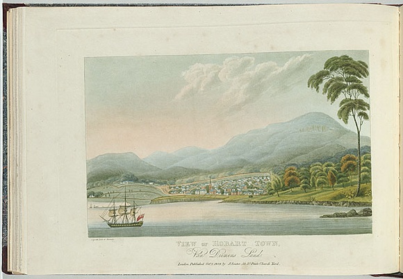 Artist: b'Lycett, Joseph.' | Title: bView of Hobart Town, Van Diemen's Land. | Date: 1824 | Technique: b'etching and aquatint, printed in black ink, from one copper plate; hand-coloured'