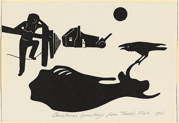 Artist: b'Thake, Eric.' | Title: bGreeting card: Christmas Greetings from Thake's Flat | Date: 1961 | Technique: b'linocut, printed in black ink, from one block'