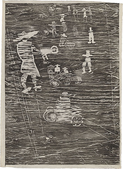 Artist: b'WALKER, Murray' | Title: b'Children playing at Kallista.' | Date: 1966 | Technique: b'woodcut, printed in black ink, from one block'