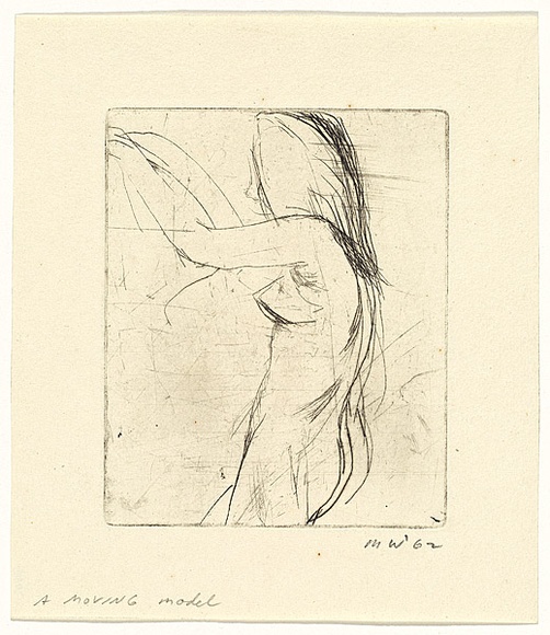 Artist: b'WALKER, Murray' | Title: b'A moving model' | Date: 1962 | Technique: b'drypoint, printed in black ink, from one plate'