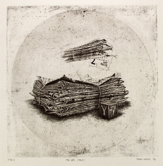 Artist: b'Cooper, Simon.' | Title: b'Still life (stack)' | Date: 1992, December | Technique: b'etching, printed in black ink, from one copper plate'