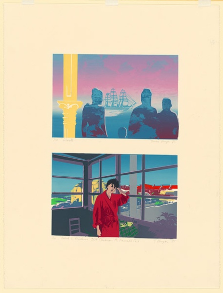 Artist: b'Kenyon, Therese.' | Title: b'Ghosts and Artist in residence 1984' | Date: 1985 | Technique: b'screenprint, printed in colour, from multiple stencils'