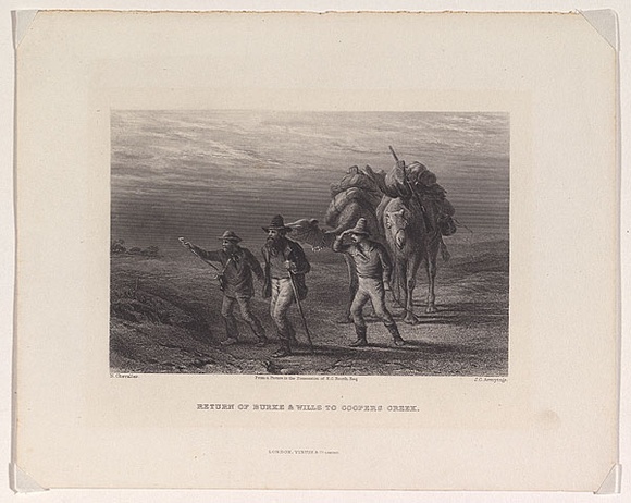 Artist: b'Chevalier, Nicholas.' | Title: b'Return of Burke and Wills to Coopers Creek.' | Date: 1873-76 | Technique: b'engraving, printed in black ink, from one steel plate'