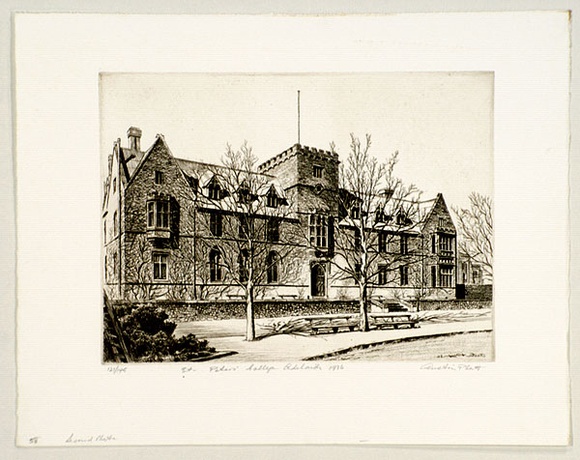 Artist: b'PLATT, Austin' | Title: b'St Peters College, Adelaide [2].' | Date: 1936 | Technique: b'etching, printed in black ink, from one plate'