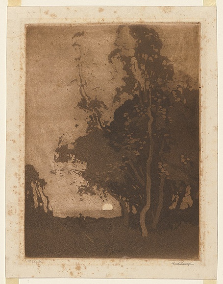 Artist: b'LONG, Sydney' | Title: b'Moonrise pastoral' | Date: 1918 | Technique: b'aquatint, printed in sepia ink, from one copper plate' | Copyright: b'Reproduced with the kind permission of the Ophthalmic Research Institute of Australia'