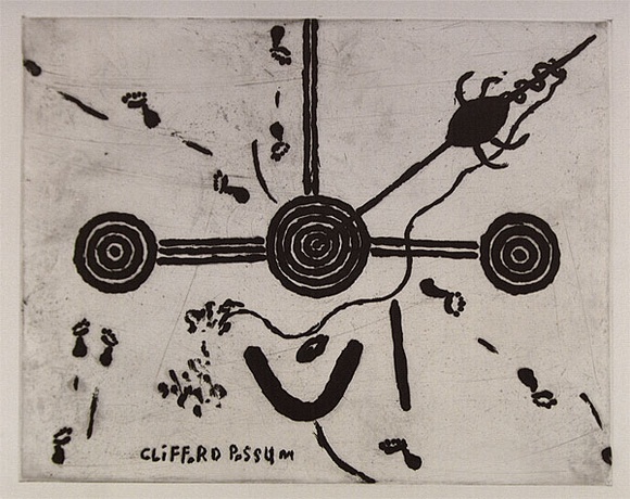 Artist: b'Tjapaltjarri, Clifford Possum.' | Title: bnot titled [Men's love story ?] | Date: 1994 | Technique: b'etching, printed in black ink, from one plate'