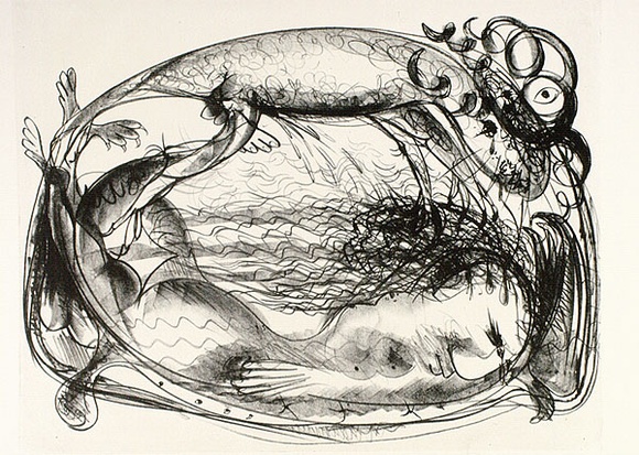 Artist: b'BOYD, Arthur' | Title: bNude on couch with beast below ram's horns. | Date: 1960-70 | Technique: b'lithograph, printed in black ink, from one stone [or plate]' | Copyright: b'Reproduced with permission of Bundanon Trust'