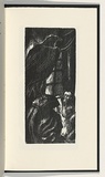 Artist: b'AMOR, Rick' | Title: b'Not titled (man cowering from raven with text verso).' | Date: 1990 | Technique: b'woodcut, printed in black ink, from one block'