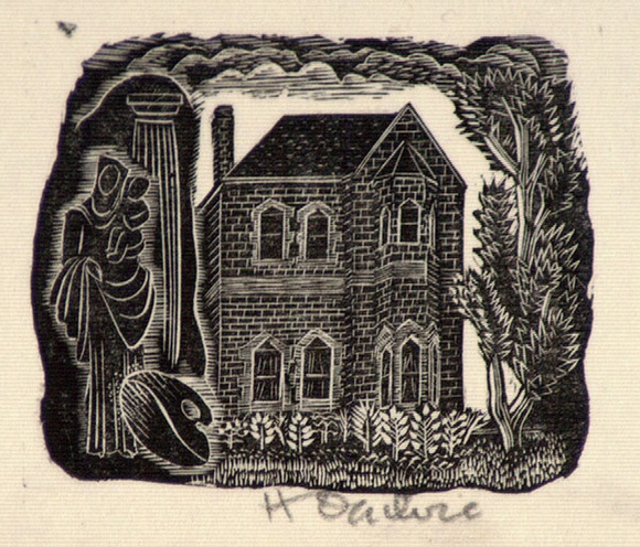 Artist: b'OGILVIE, Helen' | Title: b(Two storeyed University residence, classical column, Madonna & child and artist's palette) | Date: 1953 | Technique: b'wood-engraving, printed in black ink, from one block'