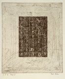 Artist: b'Partos, Paul.' | Title: b'not titled [rectangular grid with dark spots on scratchy mid-tone surface]' | Date: c.1988 | Technique: b'etching, printed in black ink with plate-tone, from one plate'