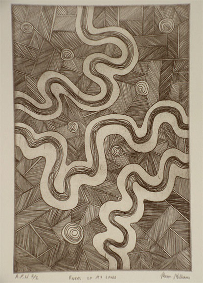 Artist: b'Williams, Kevin.' | Title: b'Rivers of my land' | Date: 1999, April | Technique: b'etching, printed in black ink, from one plate'