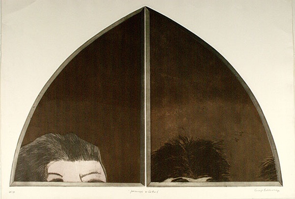 Artist: b'BALDESSIN, George' | Title: b'Personages and gothic II.' | Date: 1969 | Technique: b'etching and aquatint, printed black ink, from two shaped plates; stencil, printed in brown and pink ink, from three stencils'