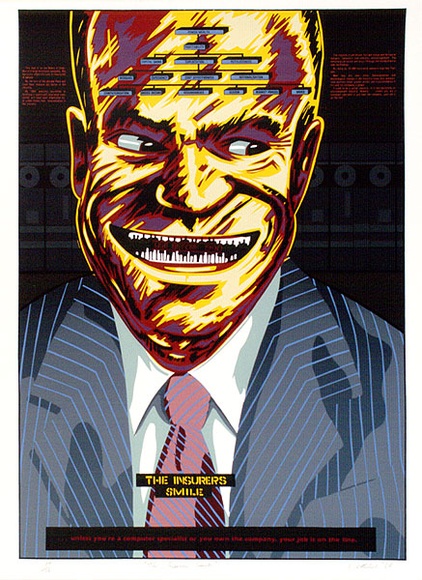 Artist: b'Clutterbuck, Bob.' | Title: bThe insurer's smile. | Date: 1984 | Technique: b'screenprint, printed in colour, from multiple stencils'