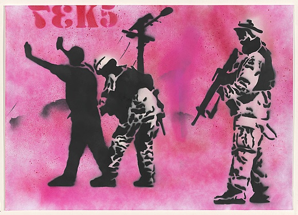 Artist: b'Reks.' | Title: b'Not titled [body search 1 pink].' | Date: 2004 | Technique: b'stencil, printed in pink, red and black ink, from two stencils'