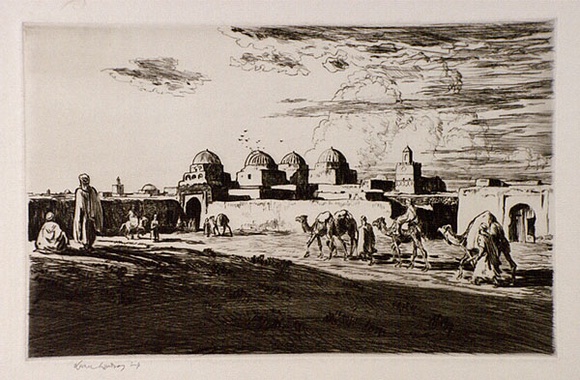 Artist: b'LINDSAY, Lionel' | Title: b'The Mosque of the Sabres, Kairouan, Tunisia' | Date: 1929 | Technique: b'drypoint, printed in warm black ink with plate-tone, from one plate' | Copyright: b'Courtesy of the National Library of Australia'