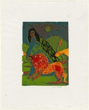 Artist: PACHECO, Sol | Title: not titled [woman and lion] | Technique: linocut, printed in colour, from one multiple blocks