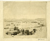 Artist: Farmer, John. | Title: (Landscape with farm buildings). | Date: 1950's | Technique: etching, printed in brown ink with plate-tone, from one  plate