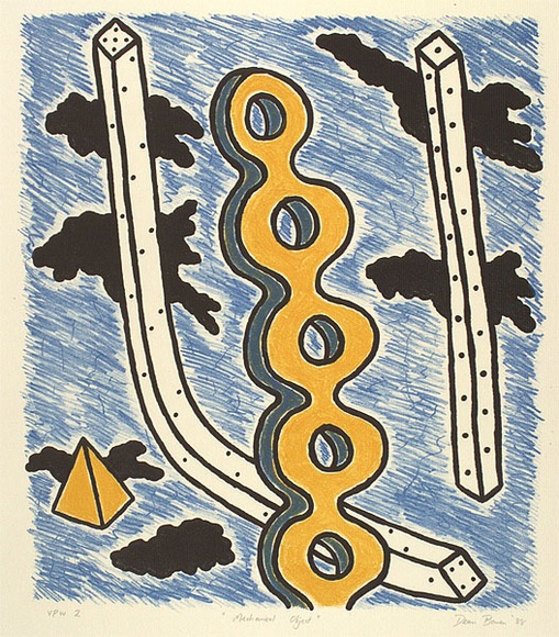 Artist: b'Bowen, Dean.' | Title: b'Mechanical object' | Date: 1988 | Technique: b'lithograph, printed in blue yellow and black ink, from three stones'