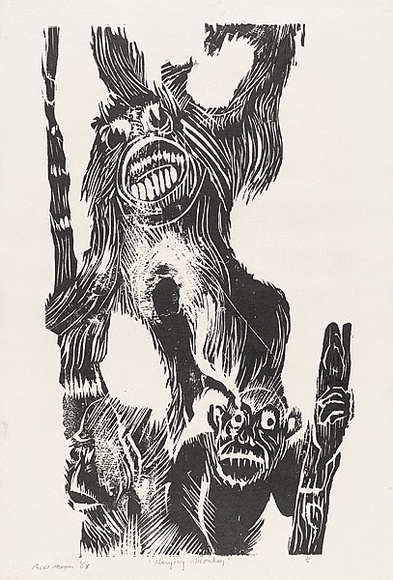 Artist: b'MEYER, Bill' | Title: b'Hanging monkey' | Date: 1968 | Technique: b'woodcut, printed in black ink, from one block' | Copyright: b'\xc2\xa9 Bill Meyer'