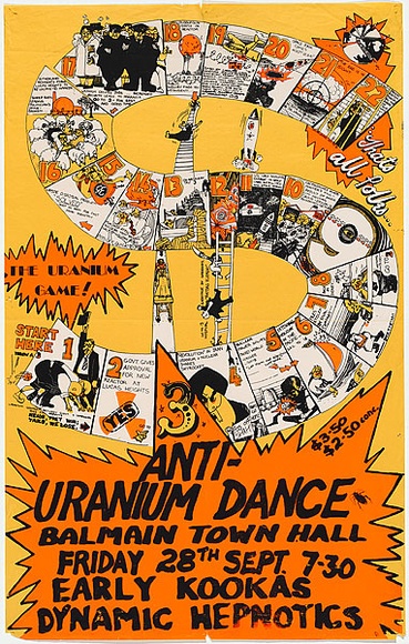 Artist: b'Lane, Leonie.' | Title: b'Anti-uranium dance Balmain Town Hall...Early Kookas, Dynamic Hepnotics.' | Date: 1979 | Technique: b'screenprint, printed in colour, from three stencils' | Copyright: b'\xc2\xa9 Leonie Lane'