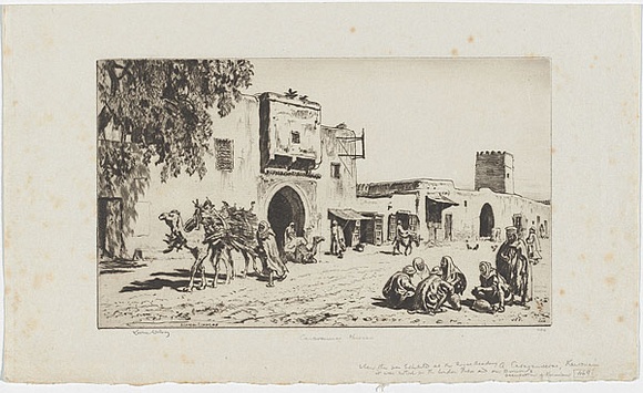 Artist: b'LINDSAY, Lionel' | Title: b'Caravanserai, Kairouan, Tunisia' | Date: 1929 | Technique: b'drypoint, printed in brown ink with plate-tone, from one plate' | Copyright: b'Courtesy of the National Library of Australia'