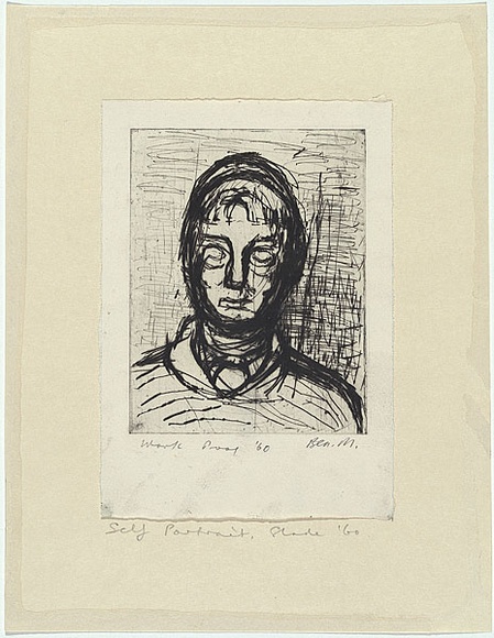 Artist: b'MADDOCK, Bea' | Title: b'Self-portrait, Slade' | Date: 1960 | Technique: b'drypoint, printed in black ink, from one plate'