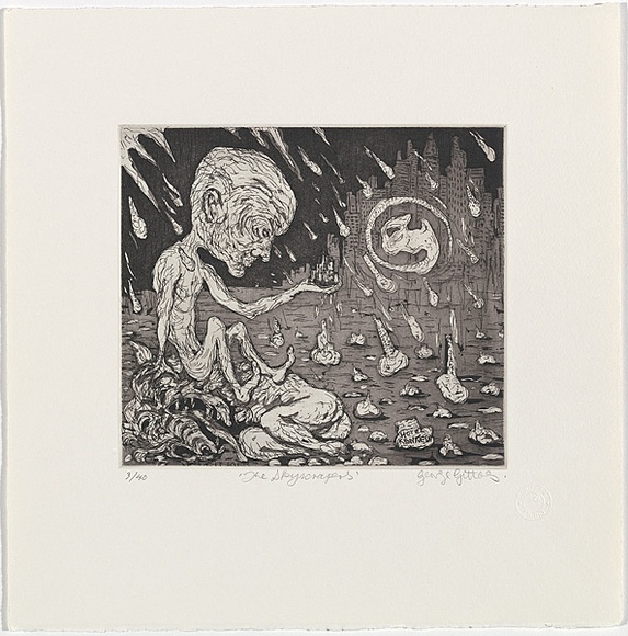 Artist: b'Gittoes, George.' | Title: b'The skycrapers.' | Date: 1971 | Technique: b'etching, printed in black ink, from one plate'