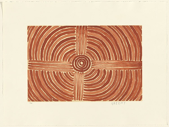 Artist: b'Petyarre, Greeny Purvis.' | Title: b'not titled' | Date: 2001 | Technique: b'etching, printed in ochre ink, from one plate'