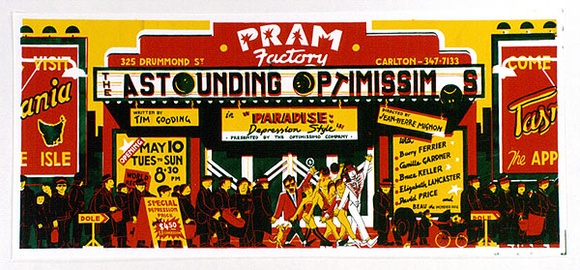 Artist: b'Matthiesen Fine Art Ltd.' | Title: b'Pram Factory... Carlton. The Astounding optimissimos' | Date: 1979 | Technique: b'screenprint, printed in colour, from multiple stencils'