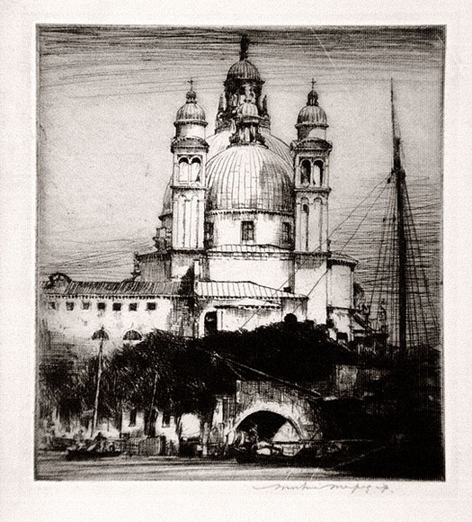 Artist: b'Menpes, Mortimer.' | Title: b'(A domed church with boats in the foreground)' | Date: c.1920 | Technique: b'etching and drypoint, printed in black ink, from one plate'