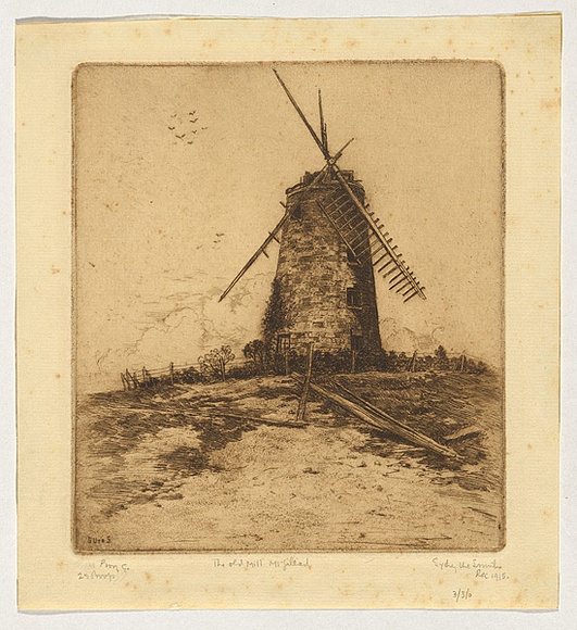 Artist: b'URE SMITH, Sydney' | Title: b'The old mill, Mt Gilead' | Date: 1915, December | Technique: b'etching and aquatint, printed in brown ink with plate-tone, from one plate'