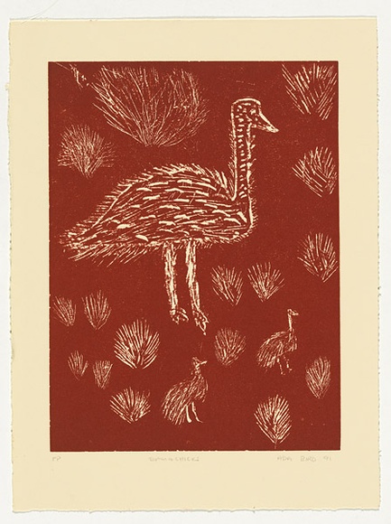 Artist: b'Bird Petyarre, Ada.' | Title: b'Emu and chicks' | Date: 1991 | Technique: b'linocut, printed in red ink, from one block' | Copyright: b'\xc2\xa9 Ada Bird Petyarr. Licensed by VISCOPY, Australia'