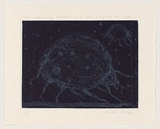 Artist: b'Bragge, Anita.' | Title: b'The expanding universe and the millipede of time' | Date: 1999 | Technique: b'etching, relief printed in blue ink, from one plate'