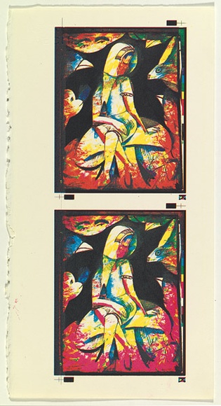 Artist: b'Blackman, Charles.' | Title: b'Colour proof: The mushroom under Alice [A].' | Technique: b'photo-screenprint, printed in colour, from multiple stencils'