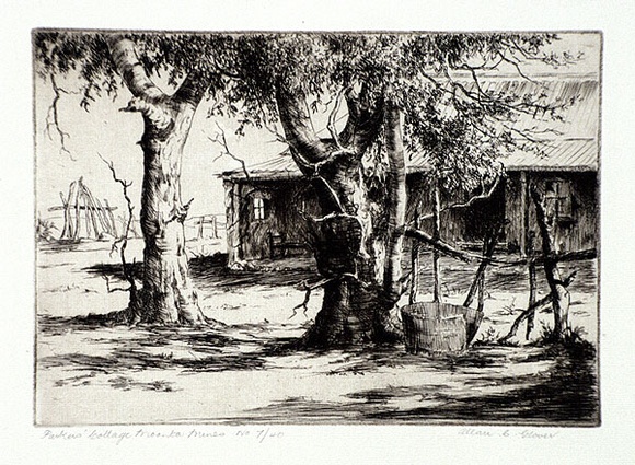 Artist: b'Glover, Allan.' | Title: bParker's cottage, Moonta Mines | Date: 1929 | Technique: b'etching, printed in brown ink, from one plate'