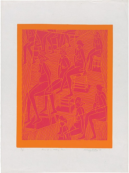 Artist: b'WALKER, Murray' | Title: b'Lorin on a sliding floor.' | Date: 1969 | Technique: b'linocut, printed in colour, from multiple blocks'