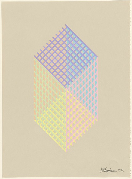 Artist: b'Flugelman, Bert.' | Title: b'(Cube in mesh).' | Date: 1972 | Technique: b'screenprint, printed in colour, from six stencils' | Copyright: b'\xc2\xa9 Bert Flugelman'